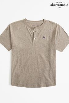 Abercrombie & Fitch Essentials Logo Short Sleeve Button Collar Logo Brown T-Shirt
