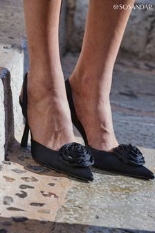 Sosandar Black Satin Corsage Detail Flared Heel Slingback Court Shoes (384926) | kr766