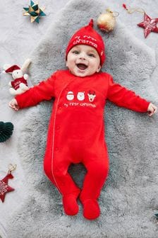 JoJo Maman Bébé Red My First Christmas Cotton Baby Sleepsuit (385084) | AED128