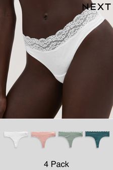 Green/Blush/White Thong Cotton and Lace Knickers 4 Pack (385251) | ₪ 47