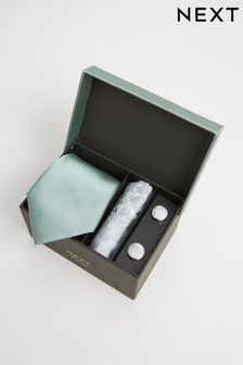 Salbeigrün - Krawatte, quadratisches Einstecktuch und Manschettenknöpfe im Geschenk-Set (386291) | 42 €
