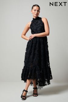 Czarny - Marszczona sukienka midi na specjalne okazje z dekoltem typu halter (387038) | 353 zł