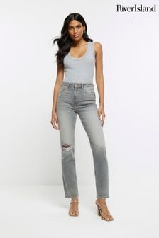 River Island Grey High Rise Slim Straight Non - Strtech Ripped Jeans (388648) | €24