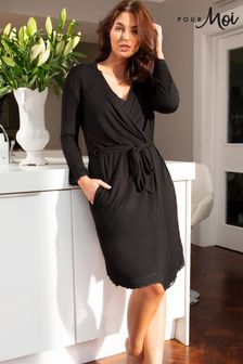 Pour Moi Black Sofa Loves Lace Jersey Wrap Dressing Gown (389343) | $79