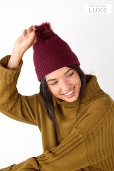 Berry Red Collection Luxe Cashmere Blend Ribbed Pom Hat (390279) | CA$58