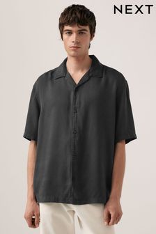 Charcoal Grey Tencel™ Lyocell Short Sleeve Shirt with Cuban Collar (391855) | AED125