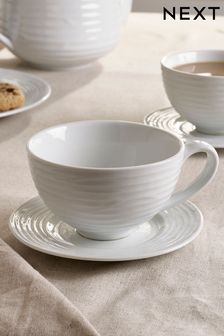 White Set of 2 Teacup and Saucers Malvern Embossed Mugs (391859) | ￥2,470