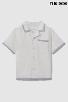 Reiss White/Soft Blue Vitan Linen Contrast Cuban Collar Shirt (392005) | KRW85,500