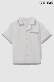 Reiss White/Soft Blue Vitan 9-13 yrs Linen Contrast Cuban Collar Shirt (392028) | $74