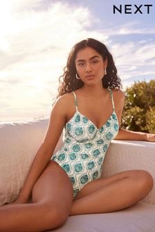 Cream/Blue Woodblock Ruched Non Padded Underwired Shaping Swimsuit (394459) | €33