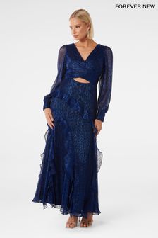 Forever New Blue Spencer Plisse Ruffle Midi Dress (394476) | LEI 746