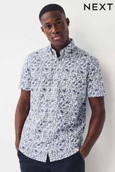White/Blue Floral Easy Iron Button Down Short Sleeve Oxford Shirt (396241) | ₪ 76