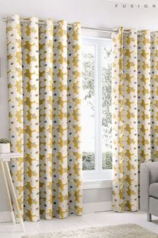 Fusion Ochre Yellow Aura Retro Floral Lined Eyelet Curtains (397110) | 40 € - 81 €
