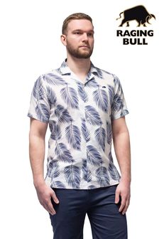 Raging Bull Resort Kurzärmeliges Hemd aus Baumwollleinen mit Palmendesign, Weiß (397320) | 49 € - 53 €