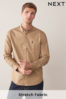 Песочный - Зауженный крой - Оксфордская рубашка с длинными рукавами из ткани стрейч (397435) | €33