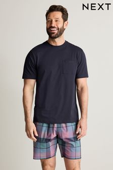 Navy Blue/Pink Check Lightweight Short Pyjamas Set (398137) | EGP730