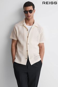 Reiss Ecru Scorpios Crochet Cuban Collar Button Through T-Shirt (399373) | LEI 908