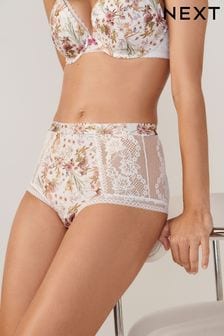 White High Rise Botanical Floral Print Microfibre And Lace Knickers (3E7793) | €13