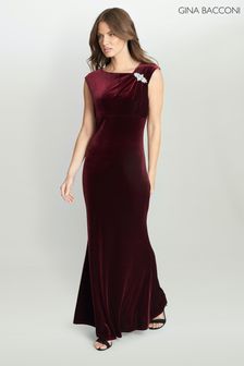 Gina Bacconi Red Edina Maxi Velvet Gown With Asymmetrical Neckline And Embellishment (3LZ888) | 336 €