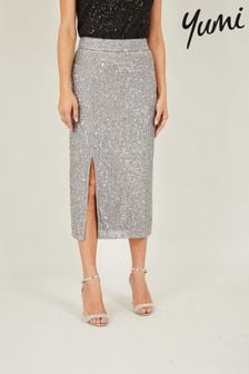 Yumi Silver Sequin Fitted Skirt With Front Slit (401601) | CA$128