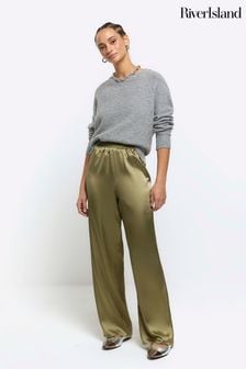 River Island Green Satin Pull On Elasticated Trousers (401923) | OMR18