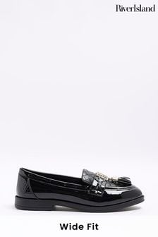 River Island Black Wide Fit Fringed Patent Loafers (401945) | $38