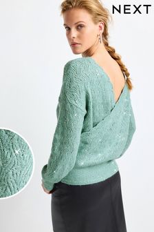 Salbeigrün - Pullover mit rückseitigem Wickeldesign und Pailletten (402367) | 37 €