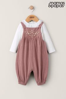 Mamas & Papas Pink 2 Piece Embroidered Crinkle Jersey Dungaree (403882) | €16