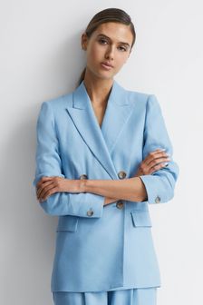 Reiss Blue Hollie Petite Double Breasted Linen Blazer (404201) | AED2,146