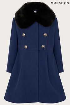 Monsoon Blue Faux Fur Trim Military Style Coat (404882) | $90 - $104