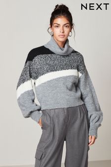 Szary - Skrócony sweter z golfem z długim rękawem i blokami kolorów w paski (404886) | 112 zł