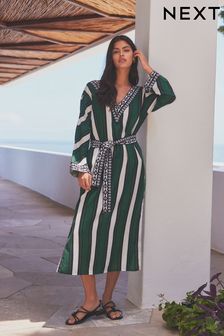 Green/White Stripe Belted Kaftan Summer Dress (405002) | 86 €