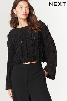 Black Ruffle Cable Long Sleeve Jumper (405336) | NT$1,780