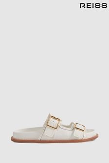 Reiss White Ezra Leather Raffia Sliders (405752) | $279