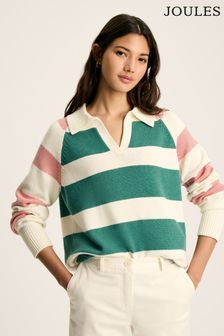 Joules Marion Pink & Green Striped V-Neck Jumper With Collar (405845) | SGD 126