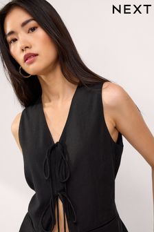 Black - Linen Blend Tie Front Waistcoat (406295) | kr460