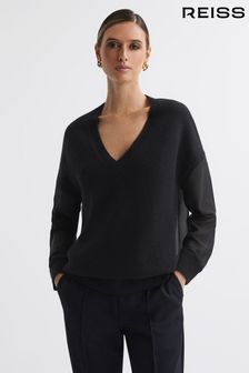 Reiss Black Shelly Hybrid Knit and Sheer V-Neck Jumper (406391) | AED1,066