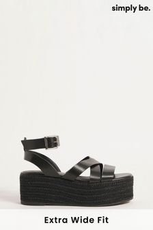 Simply Be Extra Wide Fit Espadrille Flatform Black Wedges with Crossover Upper Straps (406895) | 49 €