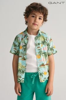 GANT Boys Green Palm Print Cotton Short Sleeve Shirt (407074) | SGD 97