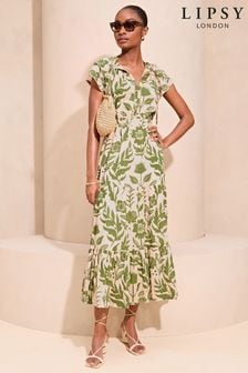 Lipsy Green Short Sleeve Tiered Printed Summer Midi Dress (407313) | $104