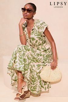 Lipsy Green Petite Short Sleeve Tiered Printed Summer Midi Dress (407334) | 278 QAR