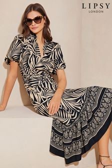 Lipsy Natural Palm Print Petite Puff Sleeve Shirt Midi Dress (407336) | $98