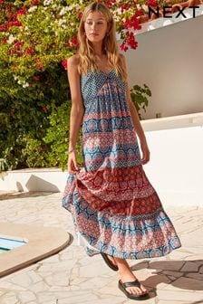 Blau mit Holzschnittmuster - Maxi-Sommerkleid mit Stufendetail (407852) | 71 €