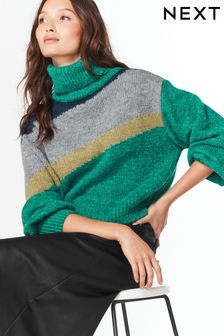 Zelena - Odrezan pulover z dolgimi rokavi, zavihanim ovratnikom in barvnimi bloki (407868) | €18