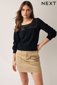 Črna - Čipkasta majica z dolgimi rokavi, mrežastim vstavkom in kvadratnim izrezom (408396) | €32