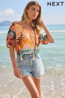 Orange Scenic Print Short Sleeve Tie Neck Bardot Blouse (409476) | $36