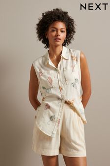 Ecru White Seahorse Print Sleeveless Ruched Side Linen Blend Shirt (409675) | SGD 45