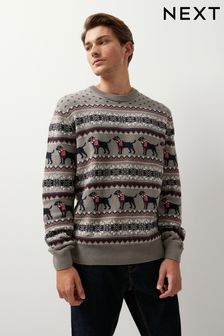 Dark Grey Dog Wrap Crew Neck Regular Knitted Christmas Jumper (410078) | $83