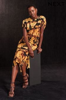 Ochre Yellow and Black Print Short Sleeve Column T-shirt Midi Dress (410445) | $58