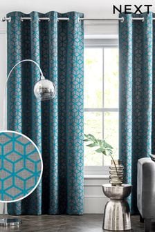 Teal Blue Flocked Velvet Geometric Eyelet Lined Curtains (410452) | €40 - €82